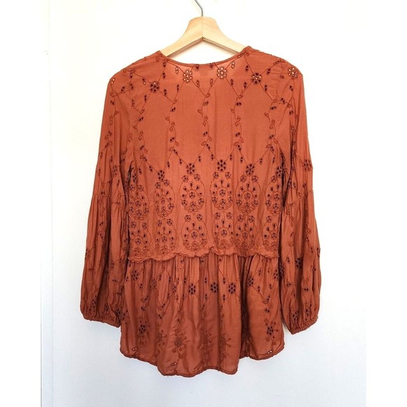 American Eagle Boho Eyelet embroidery Tunic Top Size XS Rust Tie V Neck Blouse - Picture 2 of 8